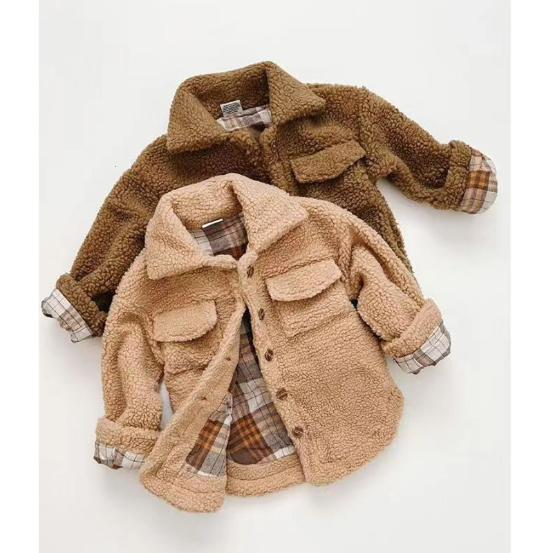 

Jackets -08-23 Lioraitiin 0-5Y Kids Boys Wools Jacket Lapel Long Sleeve Fur Plaid Long Sleeve Single Breasted Double-sided Coat 230213