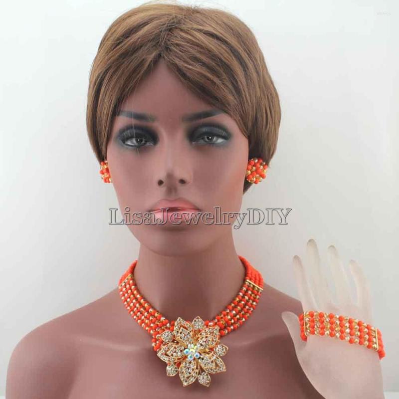 

Necklace Earrings Set African Jewelry Nigerian Orange Crystal Beads Wedding Bridal Statement HD8292, Picture shown