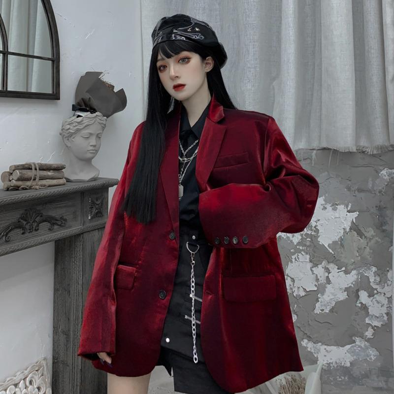 

Women's Suits & Blazers Women Wine Red Suit Coat Bright Silk Korean Personality Western Fashion Loose Jacket Clothing Blazer Vintage Vestido