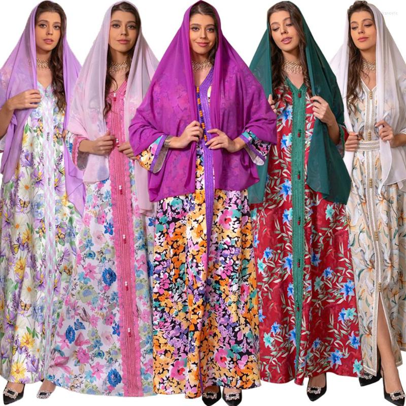 

Ethnic Clothing 2023 Floral Print Muslim Women Hijab Dress Eid Ramadan Moroccan Kaftan Dubai Turkey Gown Islamic Scarf Caftan Arab Robe