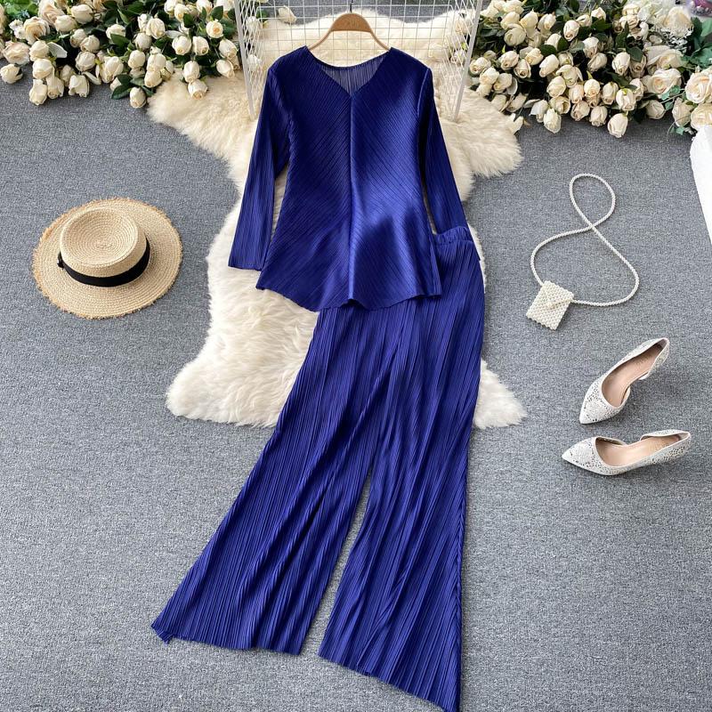 

Ethnic Clothing Y2K Pleated Two-piece Muslim Set Woman Long Sleeve V Neck Loose Top Wide-leg Pant Female Casual Women Drop