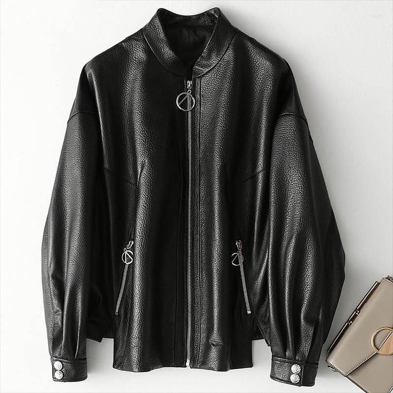 

Women's Leather 2023 Genuine Jacket Women Spring Autumn Sheepskin Coat Casual Women's Jackets Vintage Cuero Genuino 1252 KJ5166, Black