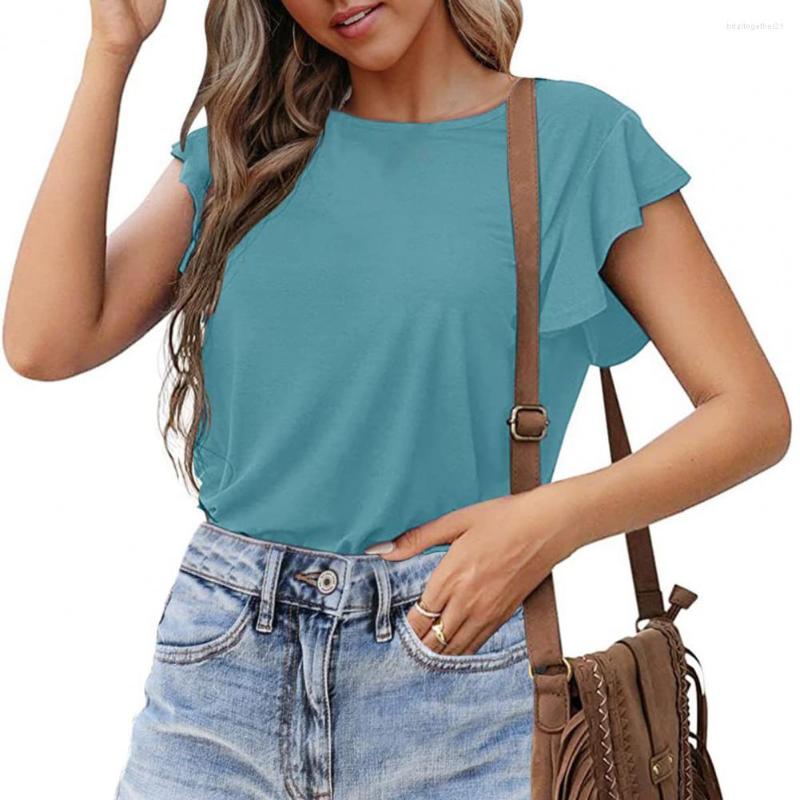 

Women' T Shirts 2023 Women Casual T-Shirts Solid Color Round Neck Arc Hem Lady T-shirt Shink Resistant Ruffle Short Sleeve Top Streetwear, Beige
