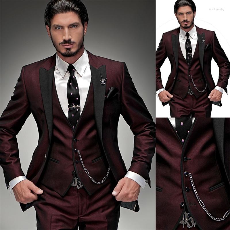 

Men's Suits 3 Piece Burgundy Men Lapel Handsome Wedding Tuxedo Customized Fit Formal Party Coat Pant Vest, Black