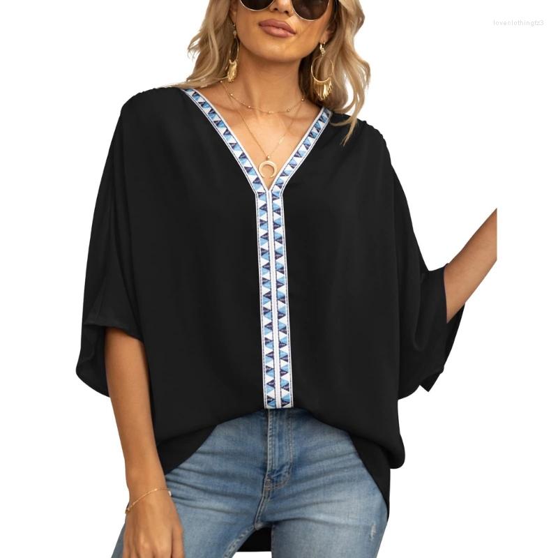 

Women' T Shirts Women Batwing Short Sleeve Chiffon Shirt Casual Loose Geometric Print V-Neck Top, Black