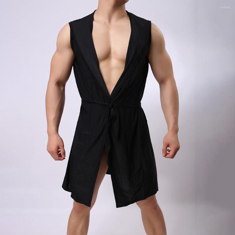 

Men' Sleepwear Mens Robes Hooded Summer Bathrobe Male Sleeveless Bath Robe Sexy Dressing Gown Bathrobes Nightgowns Pijama Hombre, Brown