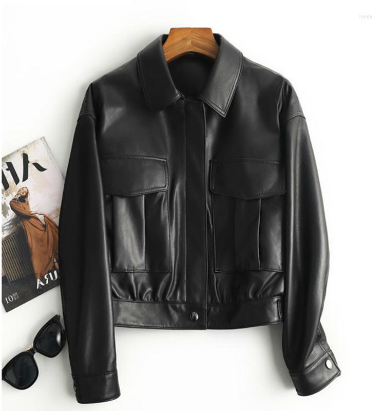 

Women's Leather 2023 Genuine Jacket Women Short Spring Autumn Korean Sheepskin Coat Female Motorcycle Veste En Cuir Femme, Black