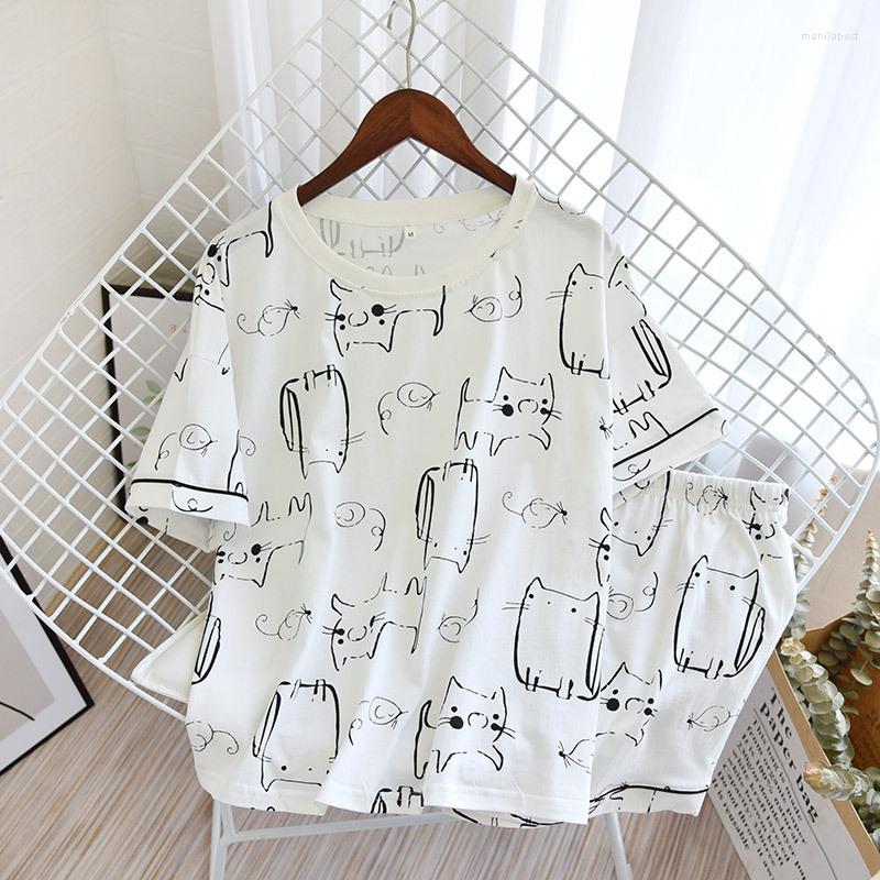 

Women's Sleepwear White Color Ladies Knitted Cotton Shorts Pajamas Sets For Women Summer Thin Short-Sleeved Suit Cartoon Printed Ladies'