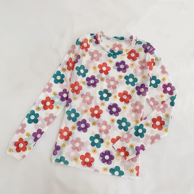 

Women's T Shirts Flowers Print Mesh Tops Women 2023 Fashion Sweet And Cute Mori Girl Long Sleeve Basic Shirt Casual Blouses, White flowers