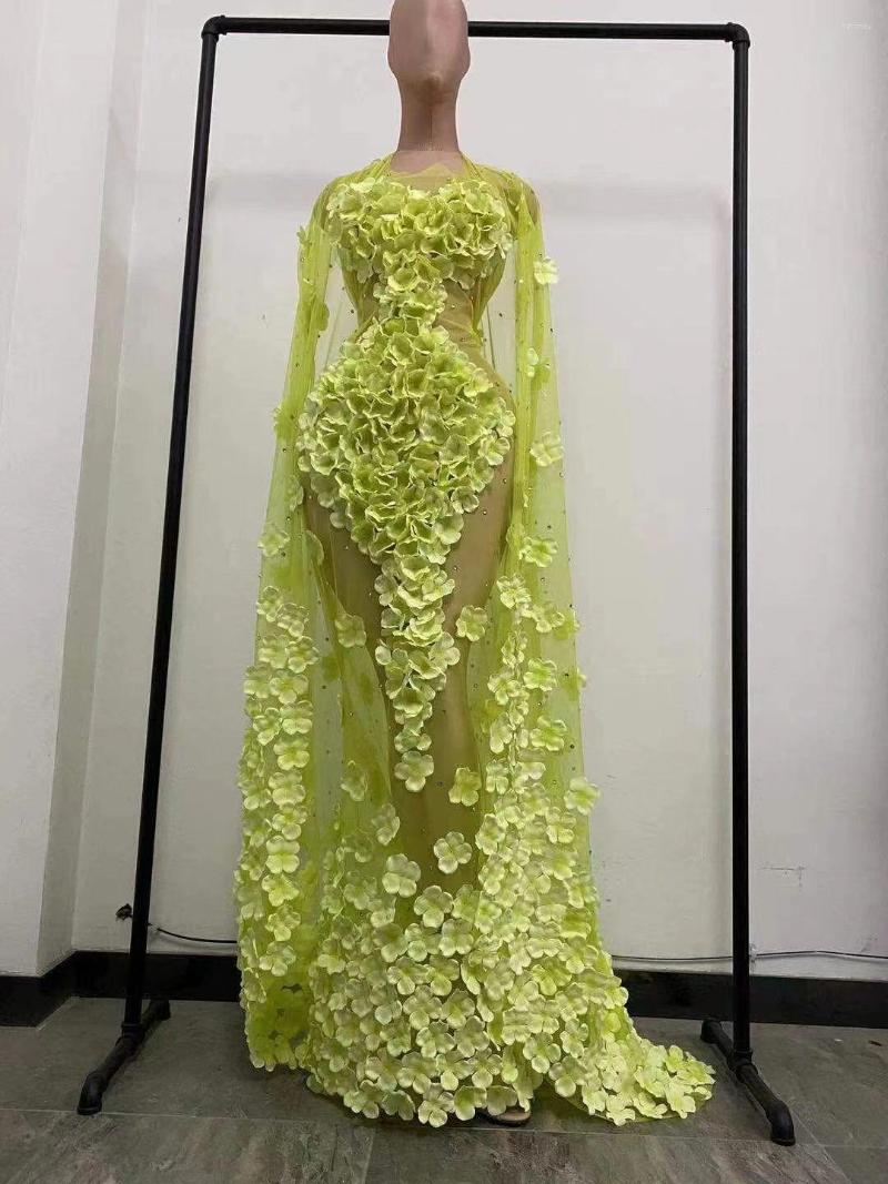 

Stage Wear See Through Fairy Flower Queen Costume Long Party Flowers Dresses Sexy Girl Dress Singer Outfits, Blue