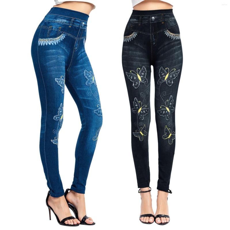 

Active Pants High Yoga Leggings Comfortable For Women Elastic Jeans Thermal Stripe Print Imitation Denim Tights, C-grey