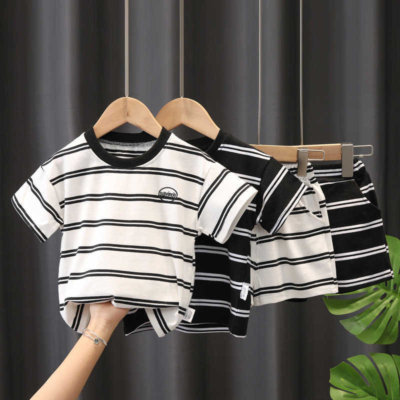 

Sets Girl Clothing Set Y Baby Clothes Summer Children's Cotton Stripe TShirt ShortsTwopiece Suit Boy Outfits, Black