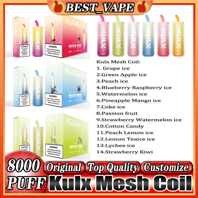 

Original Kulx Mesh Coi Puffs 8000 E Cigarette 14 Flavors 18ml Rechargeable Disposable Vape Pen Device Pod Smoking Vapes Kit 0% 2% 3% 5% 850Mah Battery