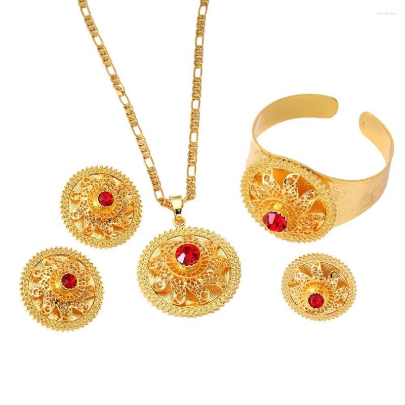 

Necklace Earrings Set Ethiopian Pendant Necklaces Ring Bangle Gold Color Africa Bride Wedding Eritrea Jewelry, Picture shown