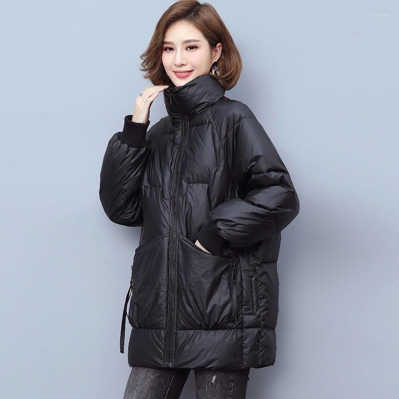 

Women's Trench Coats Winter Korean Version Stand Collar Fashion Parkas Women's Loose Warm Coat Mid-length Glossy Down Cotton Jacket, Black
