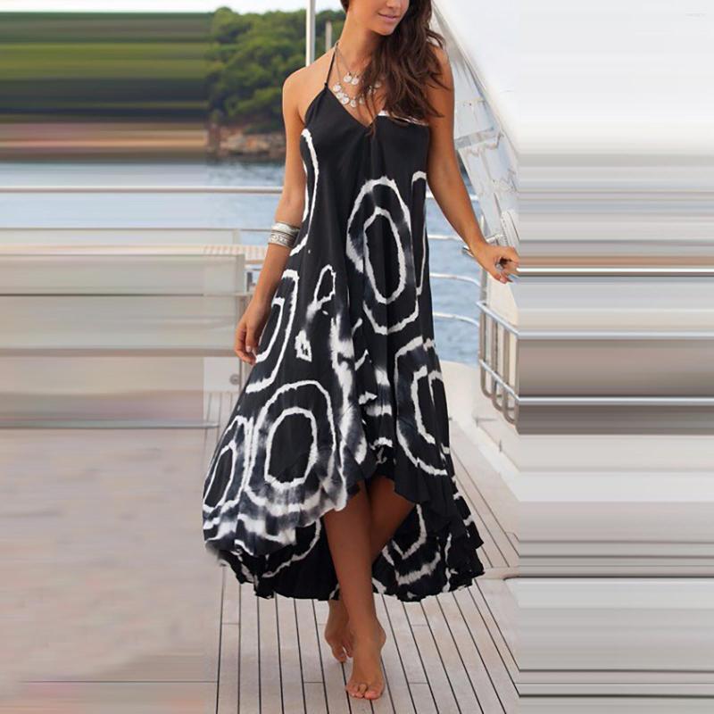 

Women' Swimwear Summer Casual Women' Bohemia Style Halter Backless Sleeveless V-Neck Printing Irregular Beach Long Dress Sundress, Black
