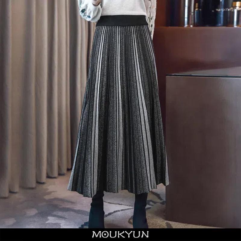 

Skirts MOUKYUN Pleats A-line Party Elastic High Waist Women's Dance Skirt Korean Elegant Slim Mid-Calf Long For Women, Black