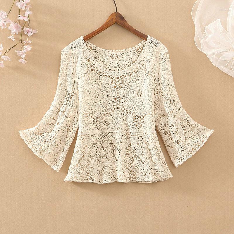 

Women's Blouses Lady Spring And Summer Short Hollow Handmade Sweater Female Round Neck Five-point Sleeve Pullover Print Top Women Casual, Blue