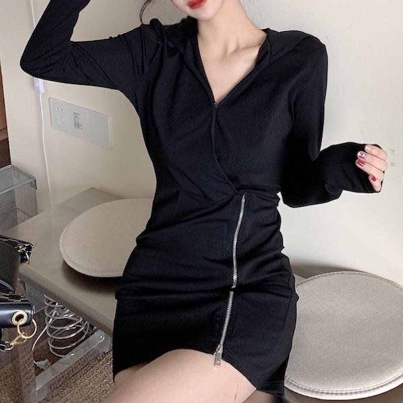 

Casual Dresses Fashion Black Long Sleeve Dress Spring Autumn Sexy Slim Fit Hooded Zipper Desses High Waist Buttocks Tight Short Skirt