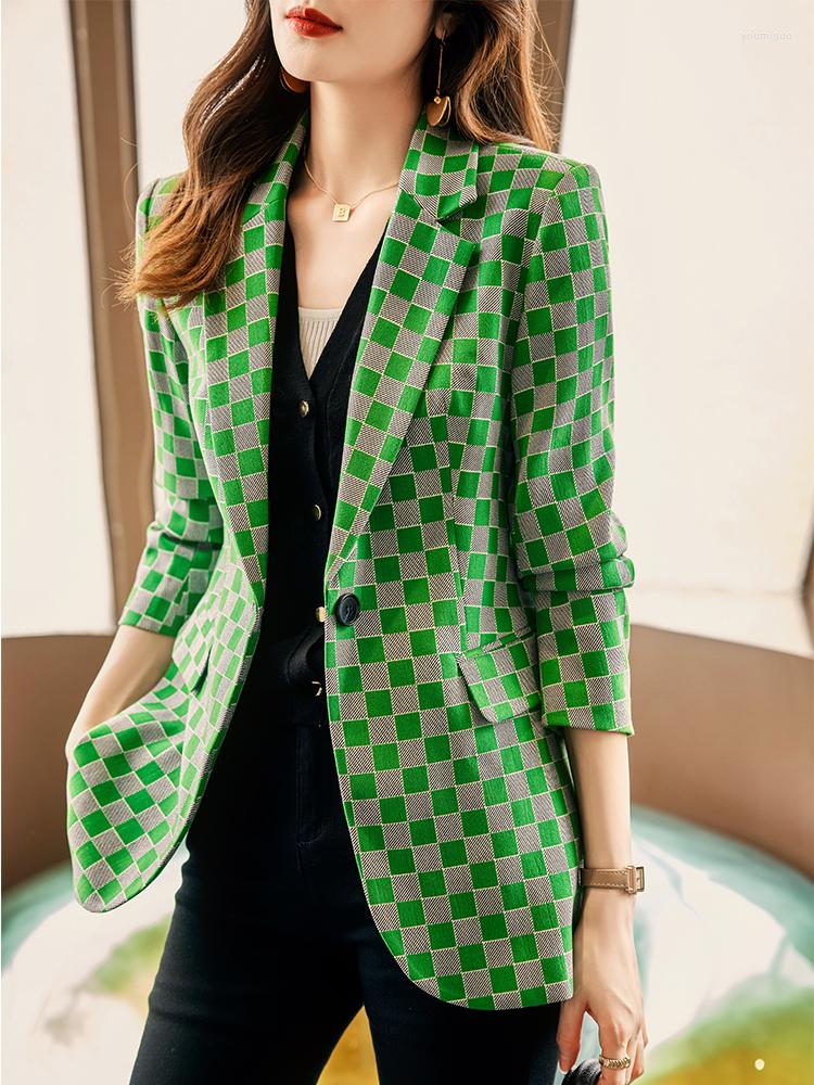 

Women' Suits Green Black Women Fashion Casual Plaid Blazer Coat Female Elegant Long Sleeve Single Button Straight Jacket 4XL, Black plaid blazer