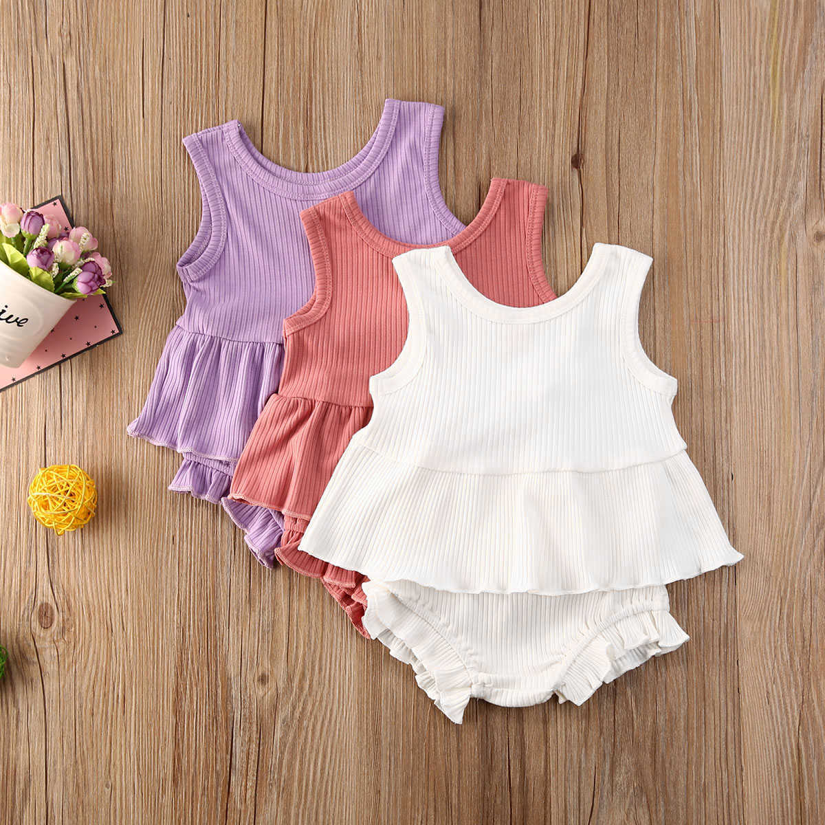 

Clothing Sets Pcs Summer New Ribbed Baby Girls Clothes Breathable Flouncing Outfits Suit Toddlers Casual Solid Sleeveless Top Shorts Set, Purple