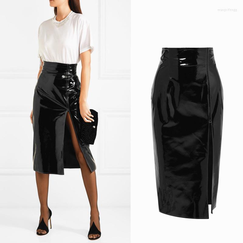 

Skirts High Waist Sexy Women Quality PU Leather Open Slit Black Fashion Luxury Designer Office Lady Elegant Skirt