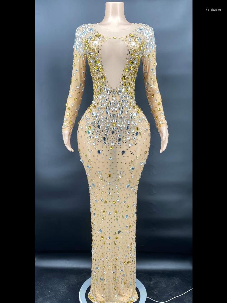 

Stage Wear Gold Sparkly Crystal Rhinestones Long Sleeves Sexy Women Dress Evening Party Clothing Singer Costume Prom Ballroom