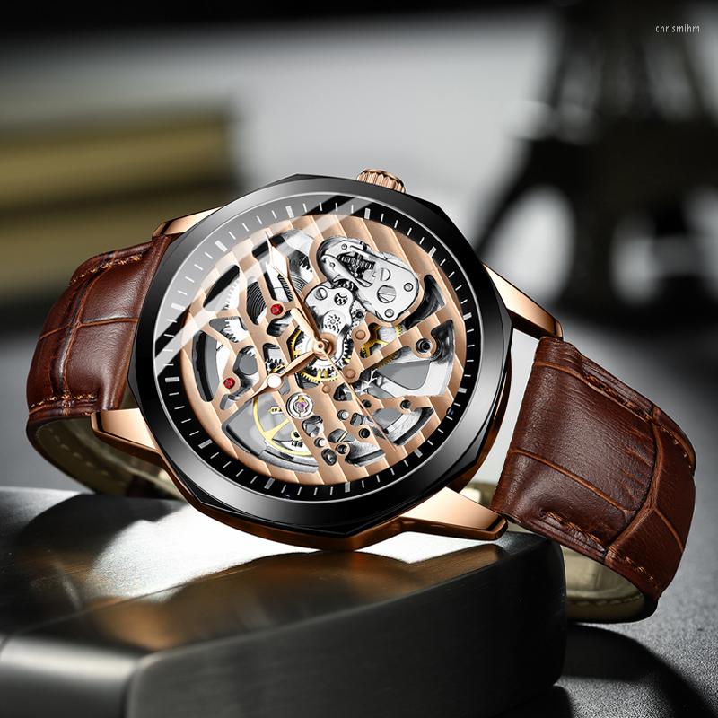 

Wristwatches AILANG Luxury Men's Top Brand Luminous Waterproof Watch Men Fashion Hollow Dial Leather Automatic Mechanical Watches 8653, Black