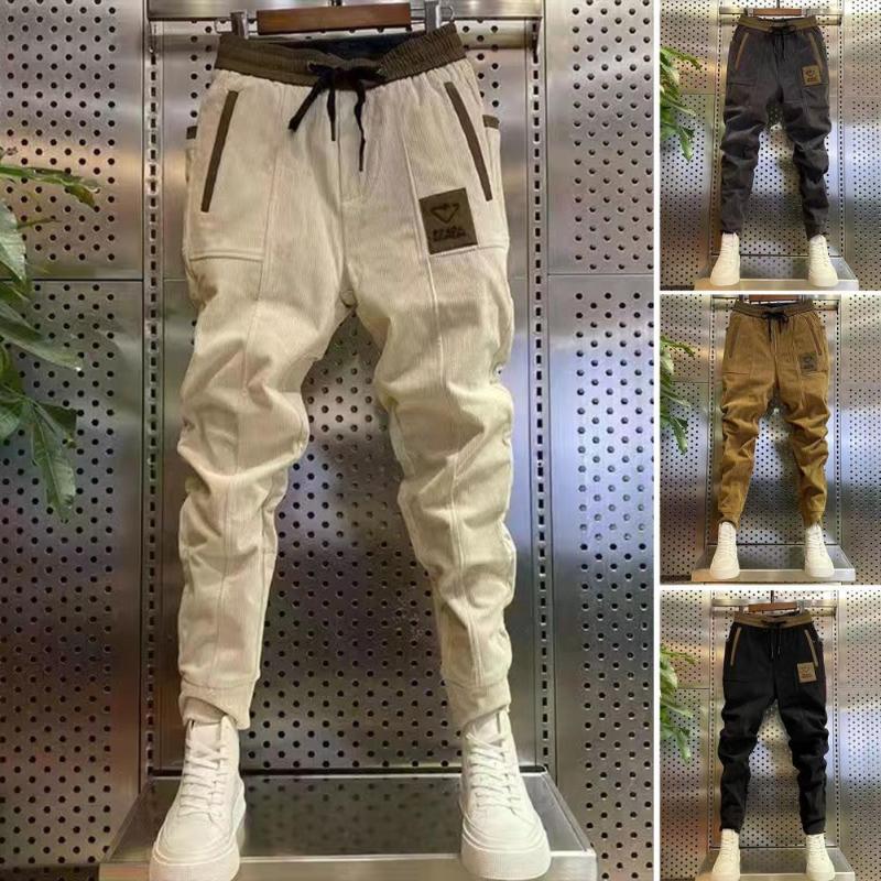 

Men's Pants Spring And Autumn Men's High-end Striped Corduroy Mid-rise Drawstring Elastic Waistband Contrast Color Pockets Men, Dark gray