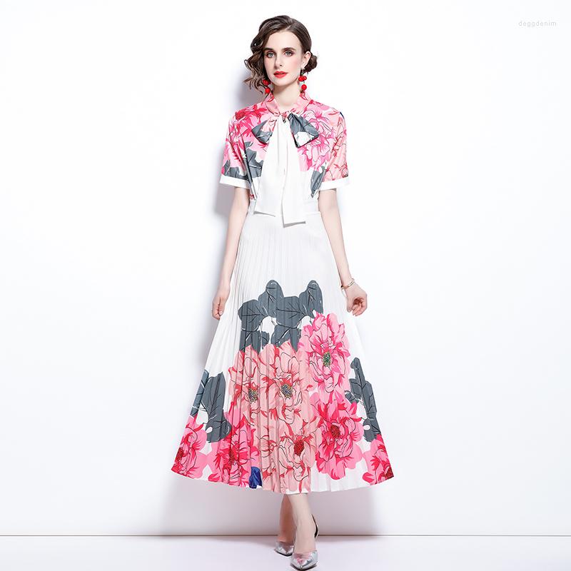 

Party Dresses JSXDHK Women's Bow Collar Dress 2023 Runway Fashion Summer Flower Print Short Sleeve Slim Holiday Beach Pleated Long, Pink