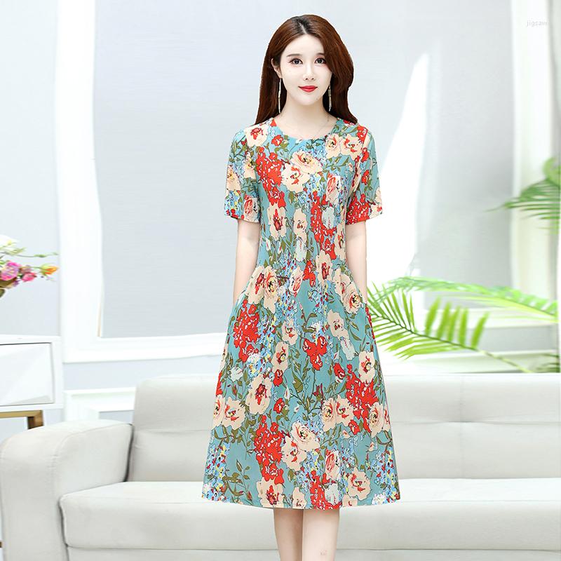 

Party Dresses Elegant Women Summer Ladies O-Neck Short Sleeved Loose Floral Printed Dress Female Vintage Robe Vestidos 4XL 5XL