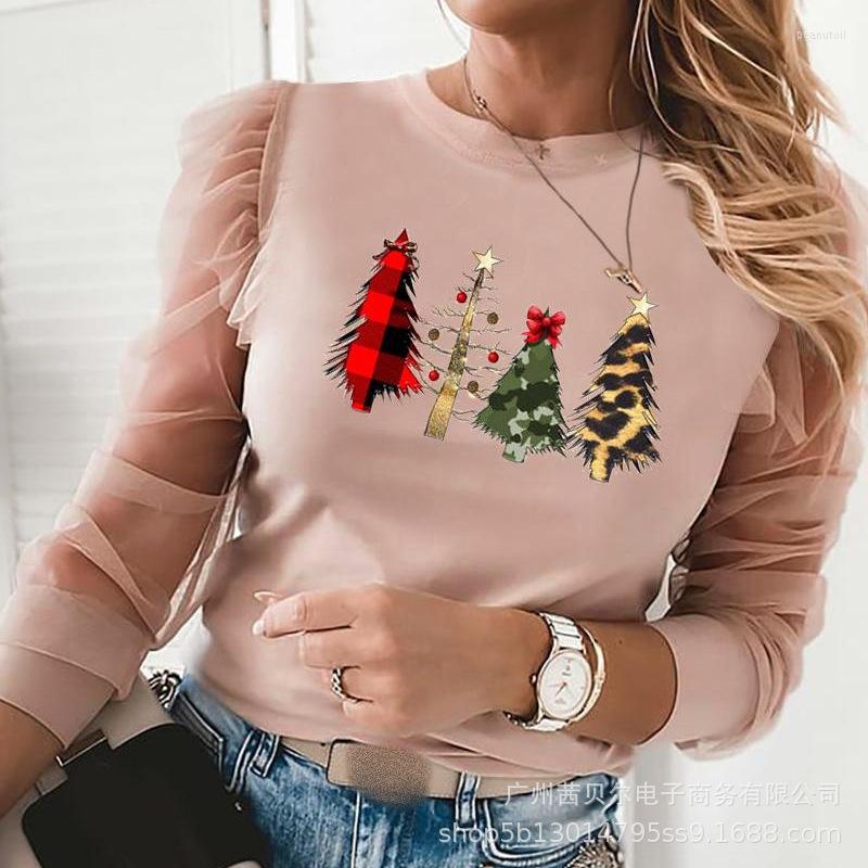 

Women' T Shirts Wepbel Christmas Tshirts Tops Women Pink Dot Mesh Beaded Heat Transfer Printing Blouses Stitching Long Sleeve O-Neck Top, Lzs0340c