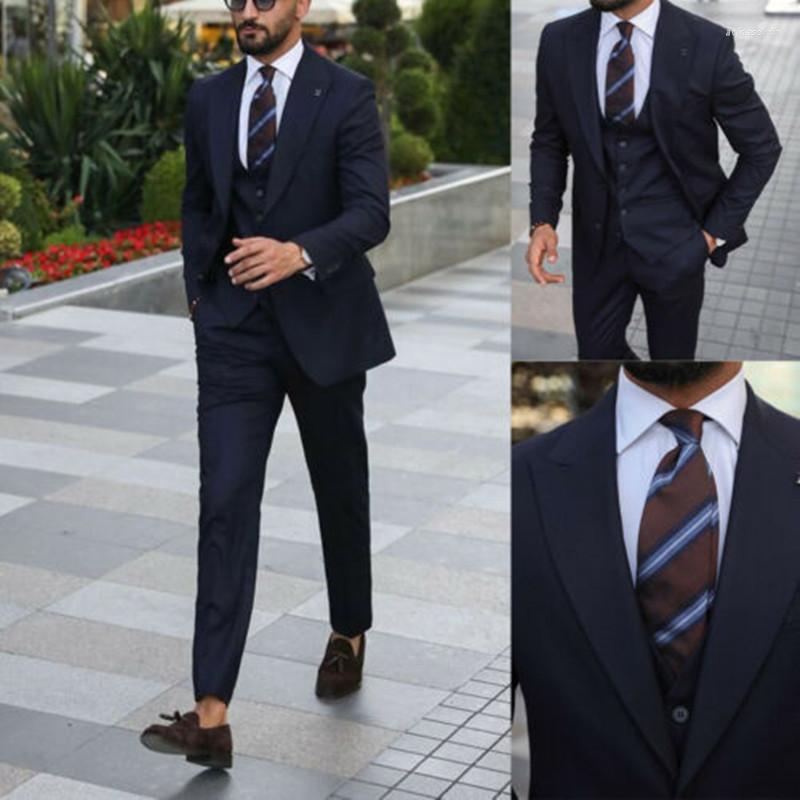 

Men' Suits Handsome Navy Blue Mens Suit Business Formal 3pcs Set Groom Tuxedo Wedding Peaked Lapel Blazer(Jacket Vest Pants