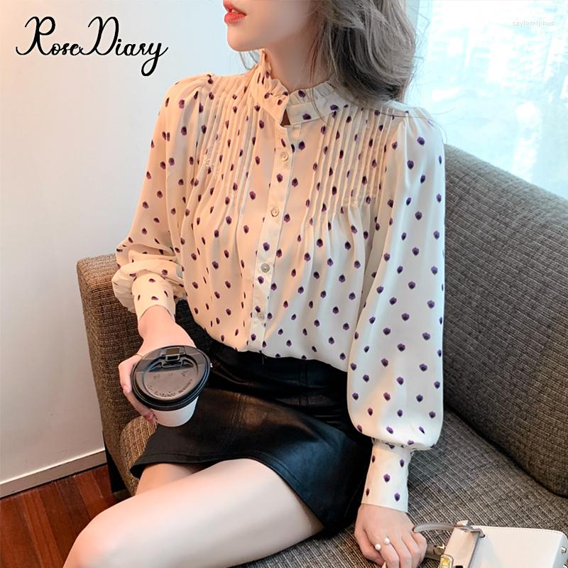 

Women' Blouses RoseDiary Vintage Polka Dot Long Puff Sleeve Womens Turtleneck Tops And 2023 Summer Clothes Ladies Korean Shirts, Picture shown