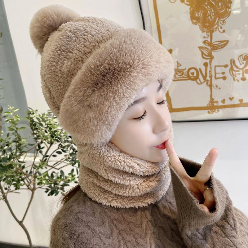 

Berets Winter Hats With Scarf Mask Warm Thickened Ear Protection Ski Cap Outdoor Windproof Hat For Women Fluffy Beanies Balaclava, White