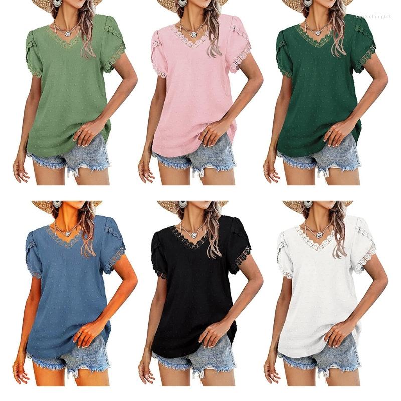 

Women' T Shirts Women Summer Lace Trim Short Petal Sleeve Chiffon Blouses Sexy V-Neck Swiss-Dot Solid Color Casual Loose Shirt Tunic Top, Black