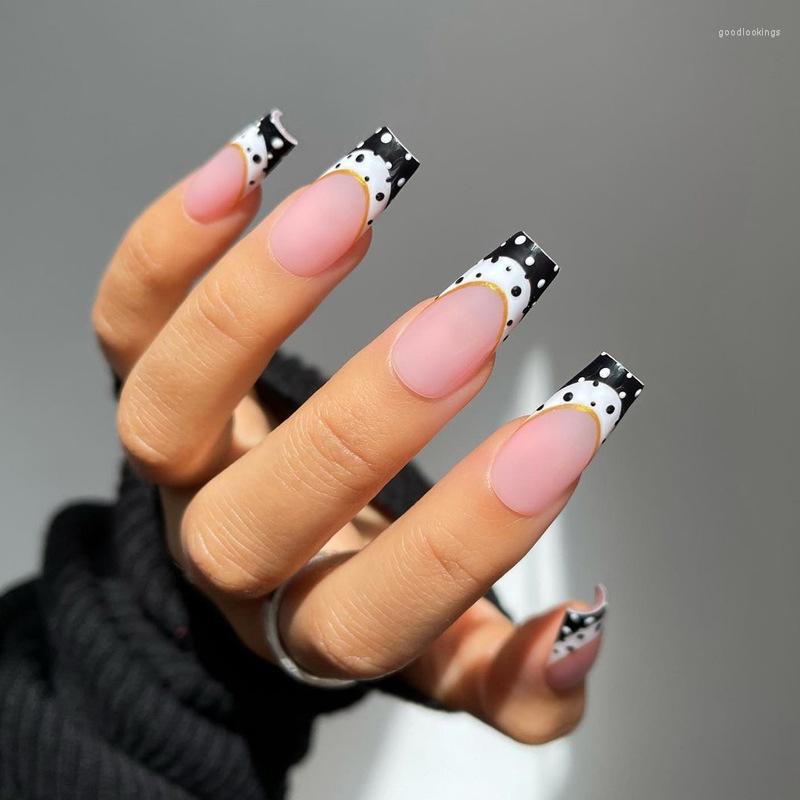 

False Nails Black White Cross Fake Point Design Art Full Cover Long Ballerina DIY With Glue Brown Press On Tip, Aws3