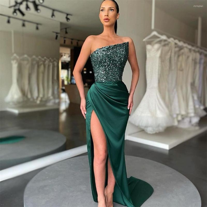

Party Dresses Green Sequins Prom Dress Side Split Strapless Sexy Evening Gowns Women Custom Made, Ivory