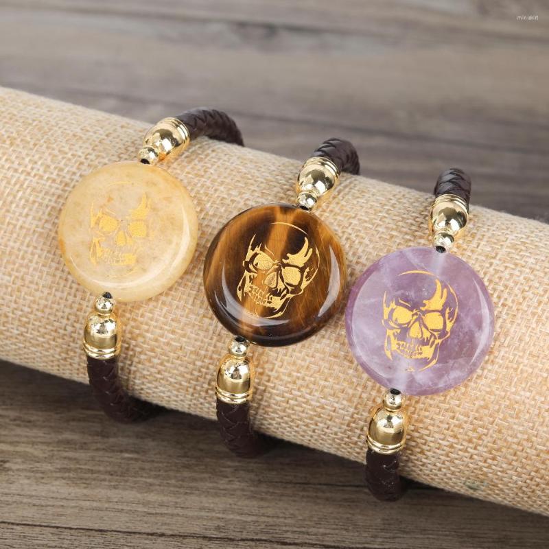 

Bangle AUZZE BesIgn NaturaI Stone GeometrIe Rounb HIp Hop Punk StyIe SkuII Ieather BraeeIet HIgh QuaIIty GIft For Men Anb Women