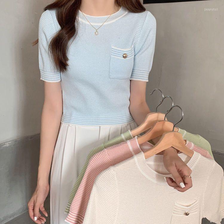

Women's T Shirts 2023 Knitting Crop Top Women T-shirt Woman Summer O-neck Tee Shirt Femme Korean Fashion Elegant Tshirt Clothes Breathable, Black