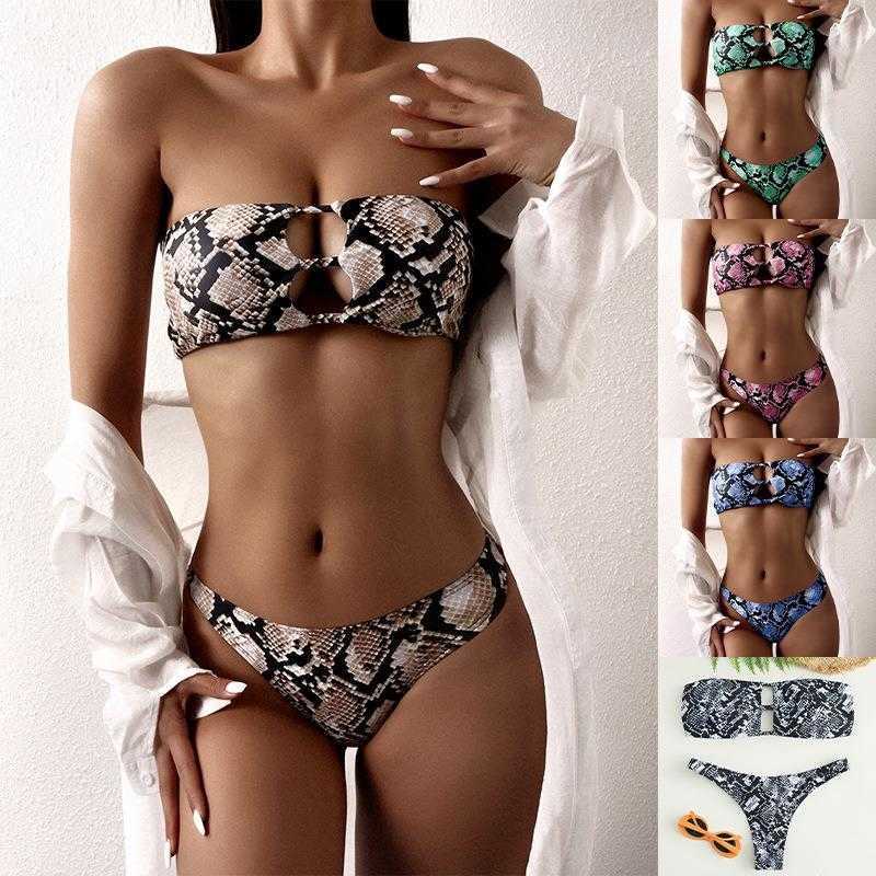 

Snakeskin Backless Sexy Bikini Split Swimsuit Off The Shoulder Tube Top Low Waist, Green