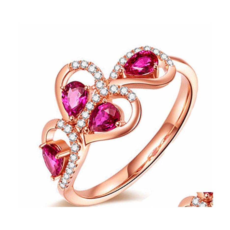 

Band Rings Fashionable And Exquisite Literary Branch Leaves Ruby Red Diamond Open Ring Creative Love Interwoven Microset Zircon Drop Dhadl