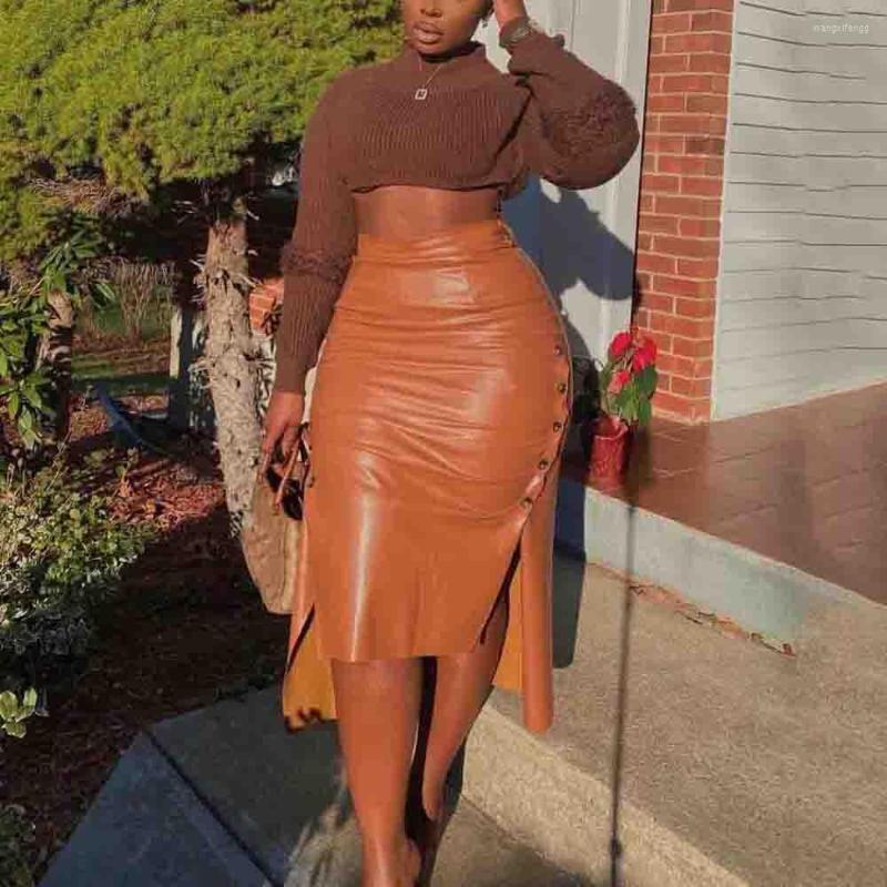 

Skirts Elegant Office Ladies For Women Pu Leather High Waisted Bodycon Mid Calf Fashion Formal Business Work Wear Clothes, Black skirts