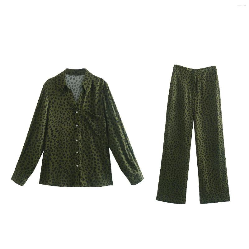 

Women's Blouses Xitimeao Women Fashion Flowing Animal Print Vintage Long Sleeve Loose Shirts And Hight Waist Pants Chic Sets, Green shirt