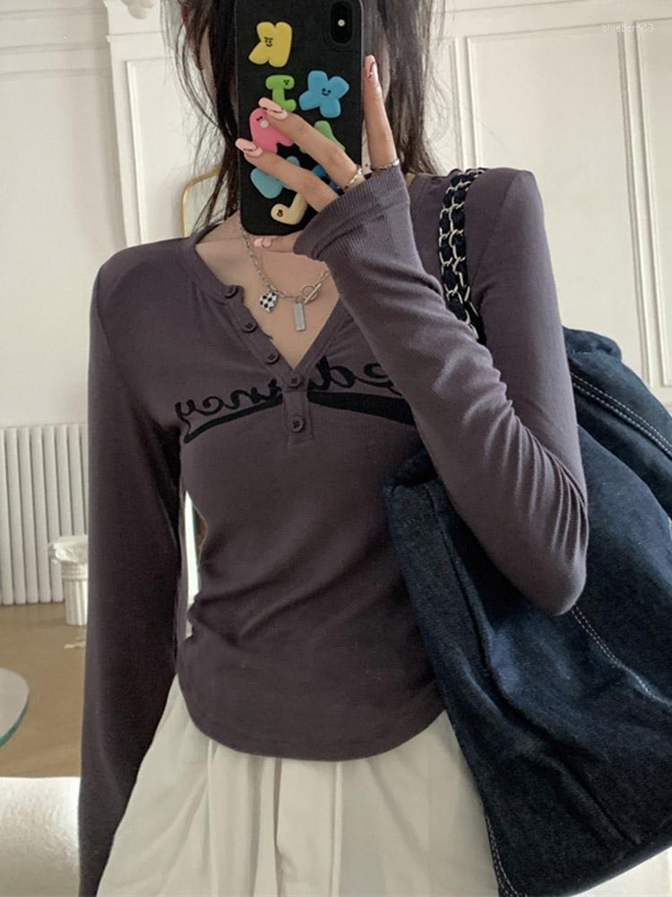 

Women's T Shirts V-neck Letter Printed Shirt Women 2023 Spring Fall Long Sleeve Korean Fashion Crop Top 2000s Clothes Aesthetic Clothing Y2k, White