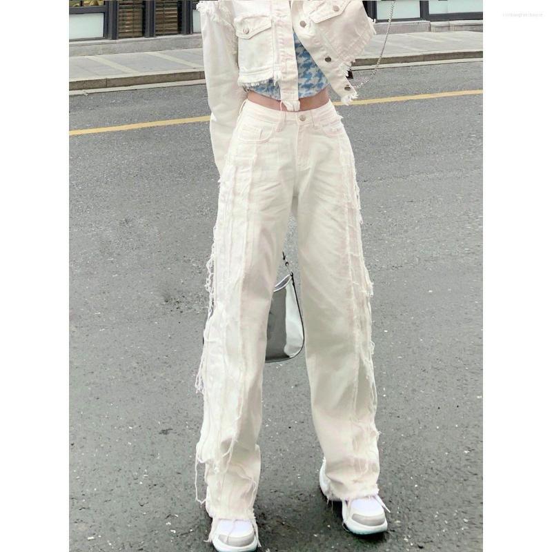 

Women's Jeans High Street White Women Tassle Wide Leg Trousers Hip-hop Cotton Loose Retro Broken Womens Denim Pants