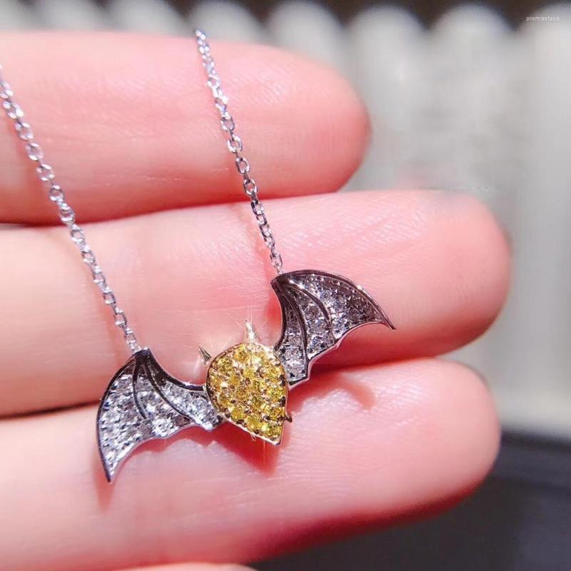 

Chains AEAW 18K White Gold 0.078ct Natural Yellow Diamond With 0.11ct Bat Pendant Necklace Round Cut Women