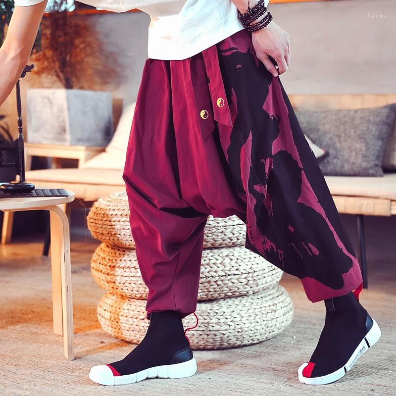 

Ethnic Clothing Chinese Style Cotton Linen Printed Hip-Hop Cross Pants Mens Joggers Japanese Suspender Radish Trousers KK3187