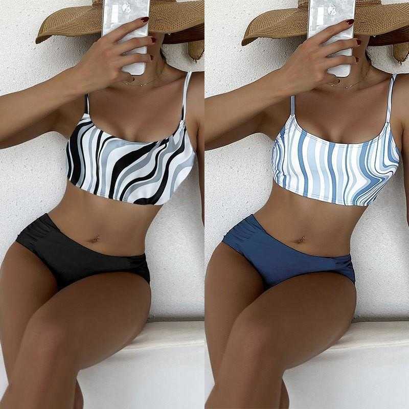 

Gradient Bandeau Bikini Sexy High Waist Spring Bathing Suit Women Wholesale, Blue and white stripes