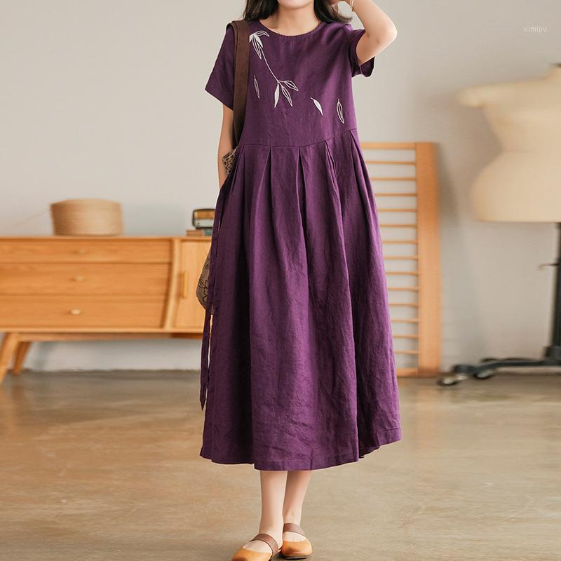 

Casual Dresses NINI WONDERLAND 2023 Summer Linen Embroidery A-line Midi Vintage Dress Women Short Sleeve High Waist Loose Korean Style, Blue